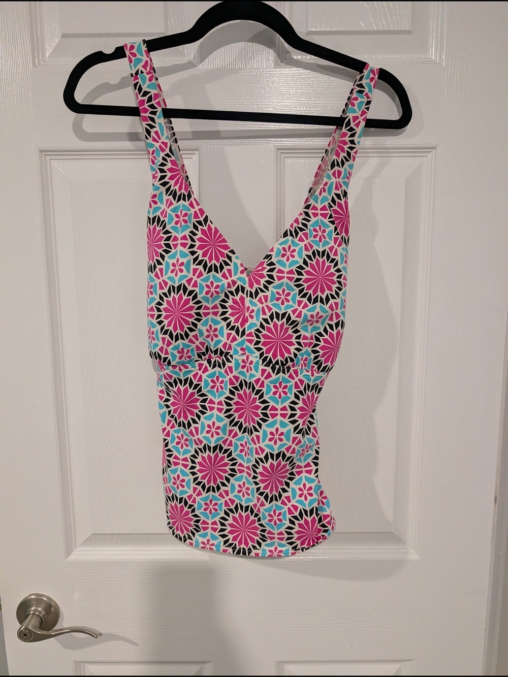 Lands' End Pink, Blue & Black Geometric Print Swim Tankini Top in Size 16D